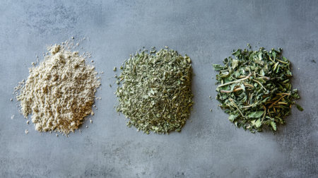 This image showcases a captivating arrangement of ground spices and dried herbs on a textured surface, emphasizing natural colors and diverse textures, perfect for culinary creativity.の素材