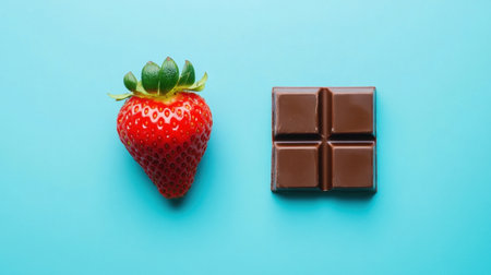 A vibrant strawberry next to a rich square of dark chocolate on a bright blue background, perfect for showcasing delightful flavor contrasts in food photography.の素材