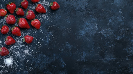 A visually appealing arrangement of fresh strawberries dusted with sugar on a dark background, perfect for showcasing dessert ideas, healthy recipes, or culinary creativity.の素材