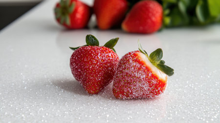 Two charming strawberries dusted with sugar sit on a white surface, highlighting their vibrant color and texture. This image captivates culinary and food enthusiasts alike.の素材