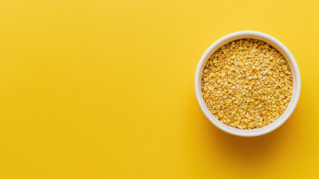 A close-up view of a bowl filled with yellow oats set against a bright yellow background, showcasing a vibrant and fresh appearance ideal for healthy food visuals.の素材