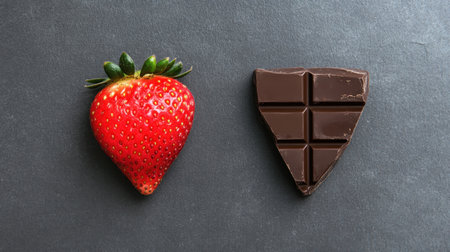 A vibrant red strawberry pairs perfectly with a rich dark chocolate piece on a dark stone surface, ideal for gourmet treats, desserts, and healthy snacks.の素材
