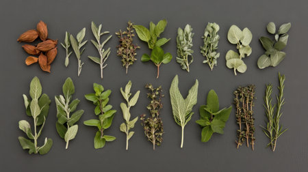 This image features a vibrant display of fresh herbs arranged on a neutral background, perfect for culinary inspiration and showcasing the beauty of nature's flavors.の素材