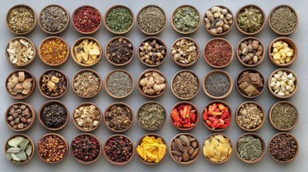 A stunning arrangement of various spices in small bowls, displaying an array of colors and textures, perfect for culinary enthusiasts and food styling inspiration.の素材
