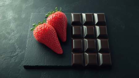 A visually appealing arrangement of fresh strawberries beside a dark chocolate bar on a textured black slate surface, ideal for gourmet food and dessert enthusiasts seeking inspiration.の素材