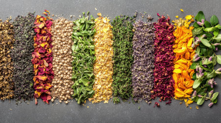 A stunning display of dried herbs and spices arranged in vibrant rows highlights the beauty of natural ingredients, perfect for culinary, aromatic, and wellness applications.の素材