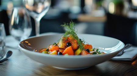 An elegant gourmet salad featuring vibrant melon, crisp cucumber, and fresh greens, beautifully plated, perfect for dining occasions and healthy meals.の素材