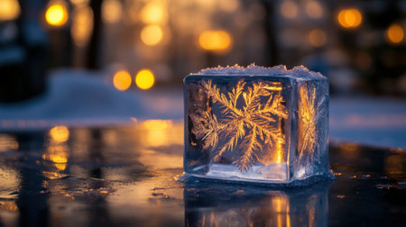An enchanting ice cube showcases an intricate snowflake pattern, beautifully illuminated by the warm glow of the sunset, creating a serene winter landscape.の素材