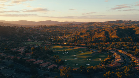 Gorgeous aerial scene of a golf course nestled in rolling hills, captured during sunset, showcasing the beauty of nature and inviting relaxation in a tranquil setting.の素材