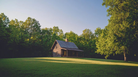 A beautiful log cabin set against a backdrop of vibrant trees and expansive grass, offering a serene escape into nature and a perfect tranquil getaway for relaxation.の素材