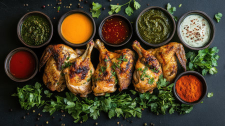 A visually appealing arrangement of grilled chicken legs accompanied by a variety of colorful dipping sauces, garnished with fresh herbs for a delightful food experience.の素材