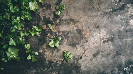 Vibrant green cilantro leaves scattered on a textured concrete surface, perfect for showcasing fresh herbs in culinary settings and food presentations, evoking a rustic charm.の素材