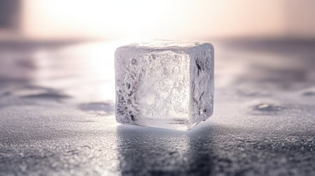 A stunning, crystal-clear ice cube rests on a wet surface, symbolizing refreshment and purity, perfect for culinary and beverage-themed visuals and artistic creations.の素材