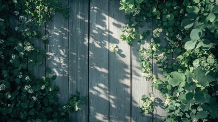 A serene wooden plank background adorned with lush green leaves and delicate white flowers, perfect for nature themes and calming designs, evoking tranquility and beauty in various settings.の素材
