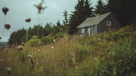 A tranquil landscape showcasing a rustic wooden cabin nestled among vibrant grasses and wildflowers, set against a backdrop of lush greenery under a moody sky.の素材