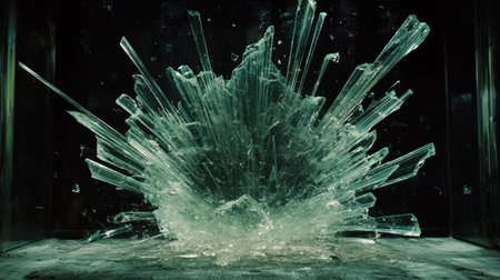 A captivating image of glass exploding into shards, creating a striking display of reflection and fragmentation against a dark background, showcasing energy and artistry.の素材