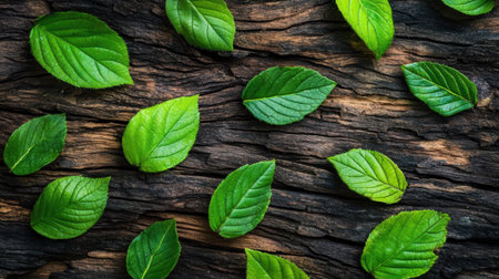 A stunning arrangement of fresh green leaves lies on a dark, weathered wood surface, creating a beautiful natural composition ideal for any nature-themed project or background use.の素材