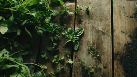 A beautiful arrangement of fresh green herbs, including basil and mint, on a rustic wooden surface. Perfect for culinary inspiration and vibrant food photography.の素材