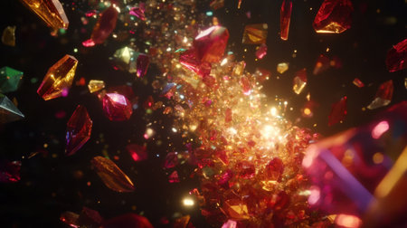 A captivating scene featuring colorful crystals and gemstones bursting with light in a dark setting, creating an enchanting atmosphere of sparkle and vivid beauty.の素材