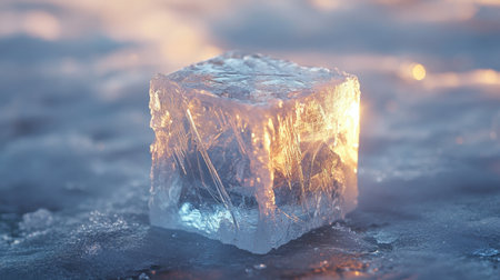 A stunning ice cube sits on a textured surface, reflecting soft light that enhances the enchanting beauty of winter. Perfect for conveying cold elegance and natural tranquility.の素材