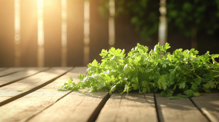 A stunning display of fresh cilantro leaves resting on a wooden table, illuminated by warm sunlight, perfect for culinary themes and organic living.の素材