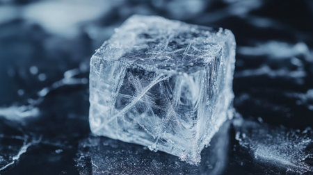 Captivating close-up of a clear ice cube resting on a dark surface, revealing intricate patterns and reflections, perfect for themes of coldness, purity, and freshness.の素材