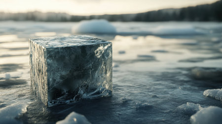A stunning close-up of a crystal clear ice block sitting on a frozen surface, reflecting the soft natural light, showcasing the delicate textures and beauty of winter landscapes.の素材