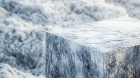 A striking marble block stands prominently against a backdrop of foamy ocean waves, capturing the beauty of contrasting forms in nature's timeless dance.の素材