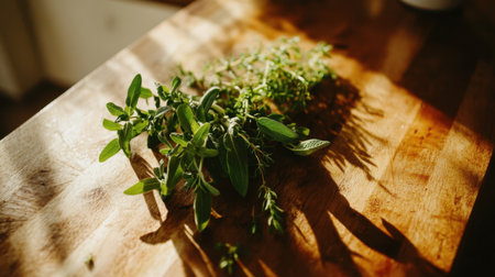 Vibrant fresh herbs beautifully arranged on a rustic wooden table, illuminated by soft natural light, perfect for culinary inspiration and food styling.の素材