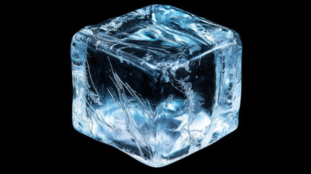 A stunning clear ice cube set against a black background, highlighting its intricate patterns and reflections. The cube represents purity, freshness, and the beauty of frozen water.の素材