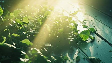 Gentle sunlight shines through lush green leaves on a wooden surface, creating a calming atmosphere that highlights the beauty and tranquility of nature.の素材