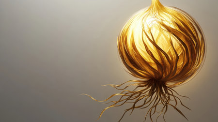 A stunning abstract illustration of a glowing onion with unique golden strands. This artwork embodies growth, nature, and creativity, perfect for various design projects.の素材