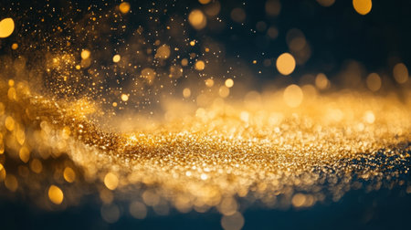 Captivating image of floating gold particles creating a magical ambiance with soft focus and bokeh effects, ideal for festive decor, elegant design, or creative projects.の素材