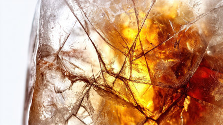 Stunning close-up view of a crystal revealing vibrant orange and yellow inclusions, showcasing the natural beauty and complexity of mineral formations in detail.の素材