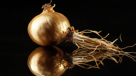 A beautifully captured image of a fresh golden onion with visible roots, showcasing its vibrant natural color and texture on a reflective surface against a dark background.の素材