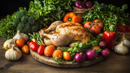 A beautifully arranged roast chicken with an array of fresh vegetables and herbs, perfect for showcasing healthy cooking and delicious meal preparation in a warm kitchen atmosphere.の素材