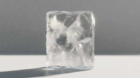 A clear ice cube showcasing intricate textures and reflections on a light surface, perfect for themes of coldness, clarity, and minimalistic designs.の素材