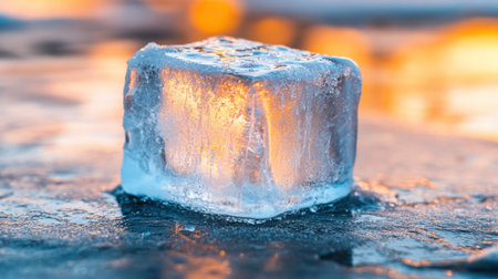 A stunning close-up of a lone ice cube resting on a frosty surface, reflecting warm sunlight and showcasing the intricate details of ice, perfect for winter themes.の素材