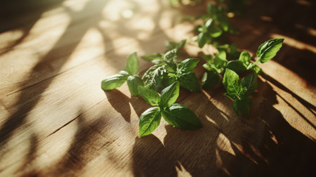 Fresh basil leaves arranged on a wooden table, illuminated by soft sunlight, create a warm and inviting atmosphere perfect for culinary delights and food styling.の素材