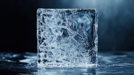 A striking close-up of a pure ice cube showcasing its intricate bubbles and reflections, set against a softly lit background, perfect for evoking freshness and coolness.の素材