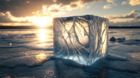 A striking ice cube rests on a frozen surface, illuminated by the warm glow of sunlight during sunset, creating a captivating and serene winter landscape.の素材