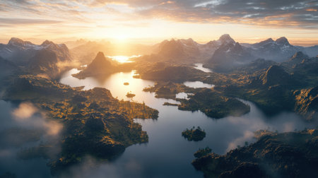 Experience the breathtaking beauty of a serene mountain lake at sunrise, with lush green islands and misty valleys illuminated by golden light in this stunning landscape.の素材