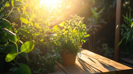 A serene garden scene featuring sunlight filtering through lush leaves, highlighting fresh herbs in a clay pot, ideal for nature lovers and gardening enthusiasts.の素材