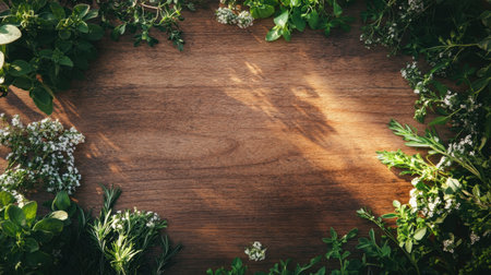 A beautiful arrangement of fresh herbs on a wooden table showcases vibrant green colors, creating a natural setting perfect for culinary inspiration and healthy cooking.の素材