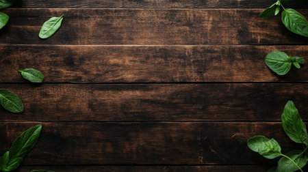 A captivating arrangement of fresh green leaves on a dark wooden surface, perfect for conveying themes of nature, health, and organic living in various design and culinary projects.の素材