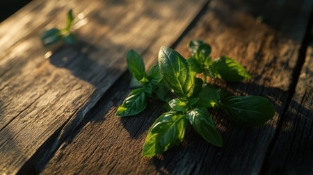Fresh basil leaves rest on a wooden table, illuminated by soft sunlight, highlighting their vibrant green color and natural texture, perfect for culinary inspiration or gardening themes.の素材