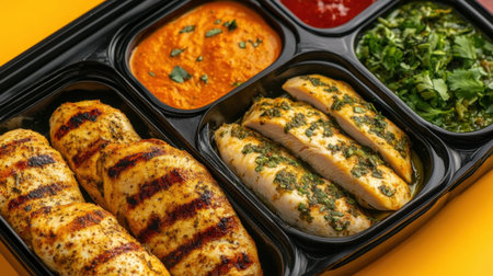 A vibrant grilled chicken meal featuring marinated flavors, fresh herbs, and flavorful sauces served in a black takeout container against a cheerful yellow backdrop.の素材