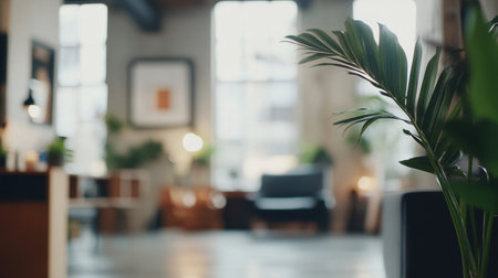 A serene and inviting indoor space featuring a lush green plant in focus, complemented by soft natural light streaming through large windows, creating a cozy atmosphere.の素材