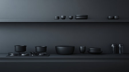 Sophisticated kitchen arrangement showcasing black cookware and stylish tableware against a dark backdrop, emphasizing minimalism and contemporary design elements in home aesthetics.の素材