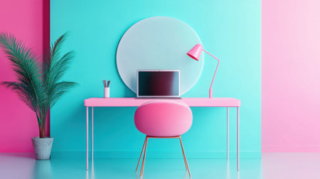 A stylish home office setup showcases a pink desk, curved chair, and modern lamp against a vibrant turquoise and pink wall, creating a cheerful workspace.の素材
